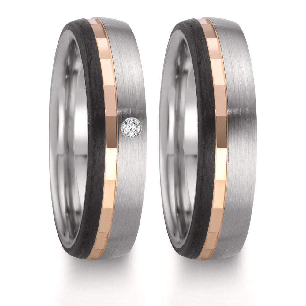 Partnerring rostfritt stål, 375/9 K rött guld diamant 0.02 ct, w-si