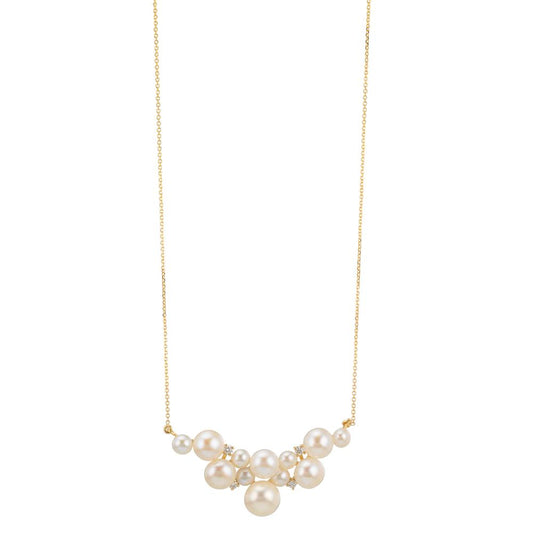 Collier 750/18 K gult guld diamant 0.08 ct, 4 stenar, w-si Sötvattensodlad pärla, 12 Pärlor 3.5-6.5 mm 42-45 cm
