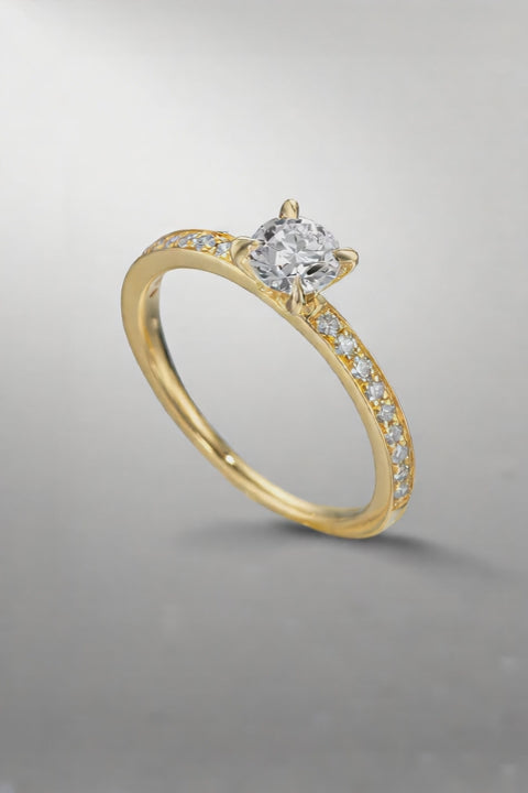 Solitärring 750/18 K gult guld diamant 0.47 ct, [Brillant], w-si, diamant 0.18 ct, 18 stenar, [Brillant], w-si